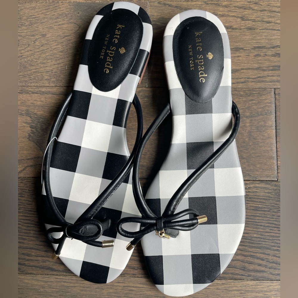 Kate Spade Mistic Bow Flip Flop Black Check Leather Sandal Size 8.5 NEW